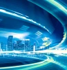 Blaufarbiger Hintergrund mit virtuellen Hochh&auml;user