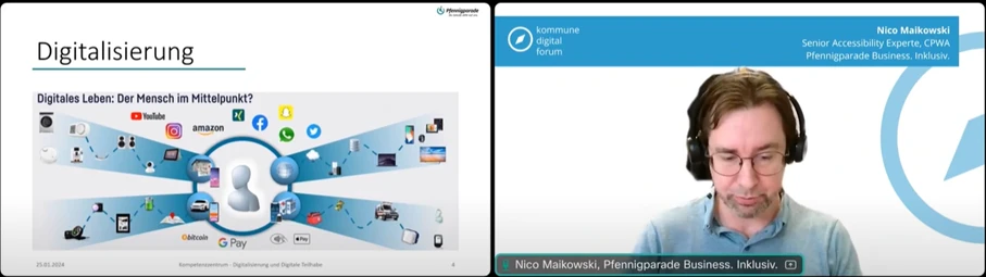 Präsentationsfolie und Referent in Webcast