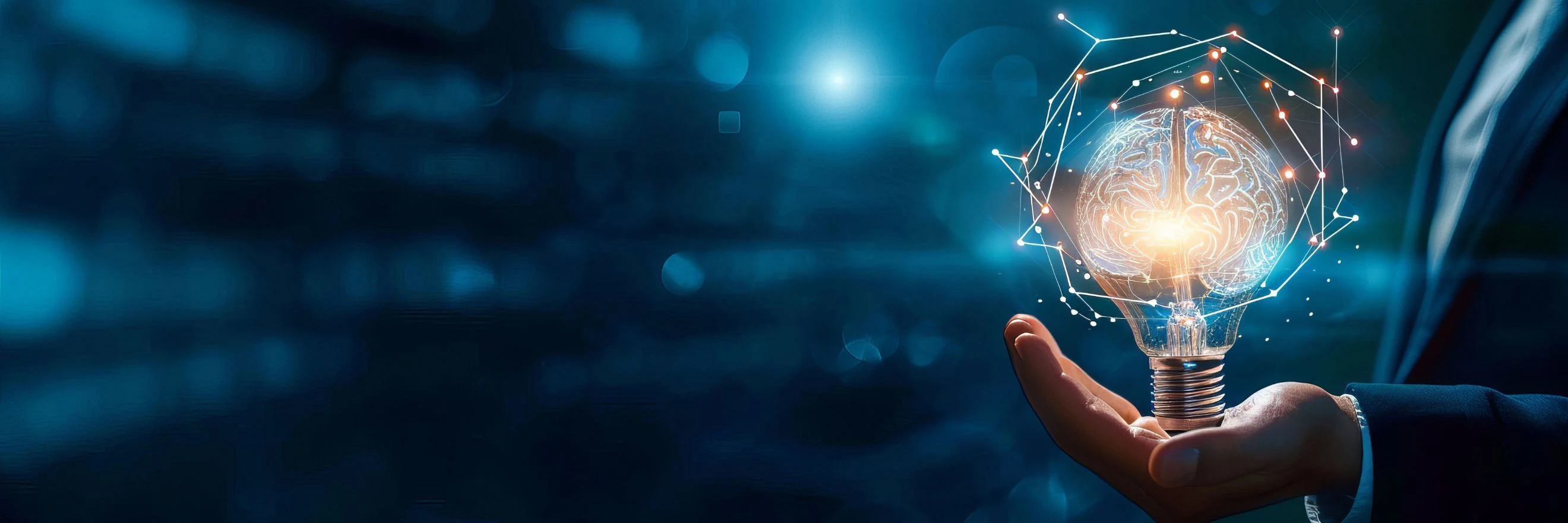 Hand hält Hologramm Glühbirne