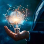 Hand hält Hologramm Glühbirne